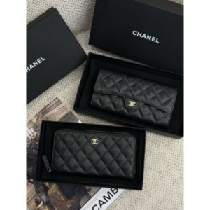Chanel Coco 菱格紋 黑色金扣 荔枝小牛皮 拉鍊 扣式 女生 女款 皮夾 長夾