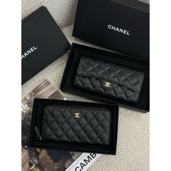 Chanel Coco 菱格紋 黑色金扣 荔枝小牛皮 拉鍊 扣式 女生 女款 皮夾 長夾