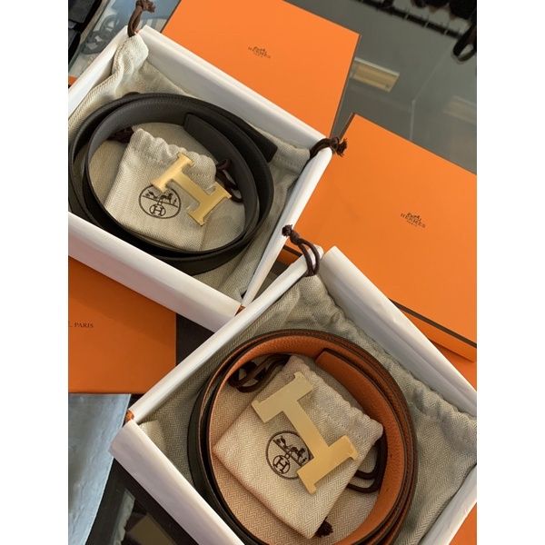 Hermes 愛馬仕經典 金色、銀色頭H logo黑橘、大象灰色 雙面可使用小牛皮皮帶禮盒