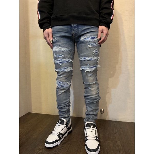 AMIRI 經典 藍色破壞 彈性 窄管 牛仔褲