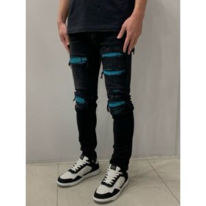 AMIRI 經典 MX1 系列 藍色 麂皮 皮革 水洗黑 彈性 窄管 牛仔褲
