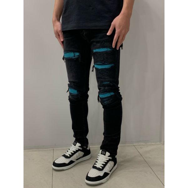 AMIRI 經典 MX1 系列 藍色 麂皮 皮革 水洗黑 彈性 窄管 牛仔褲