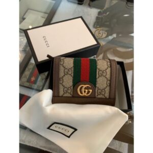 Gucci 卡其滿版搭配綠紅織帶 金扣設計 女生小短夾