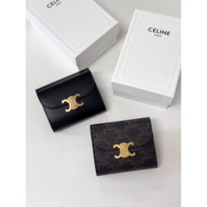 Celine 經典凱旋門設計 黑金、咖啡色滿版 三折短夾