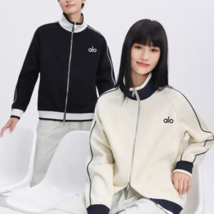 alo立領拉鏈外套 男女同款情侶撞色拉鏈開衫 立體硅膠字母印花外套夾克衫